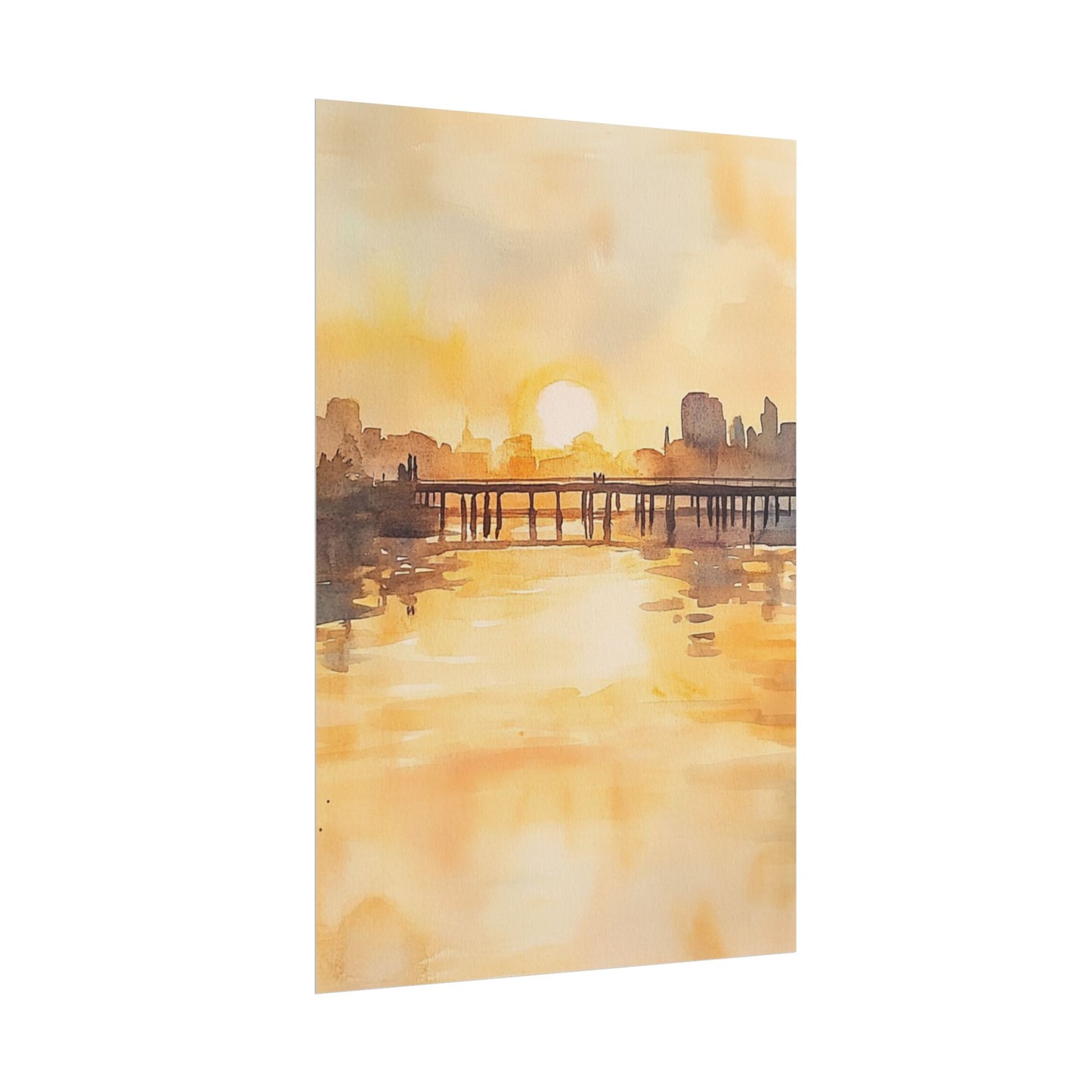 Golden Horizon - Abstract Sunset Cityscape Watercolour