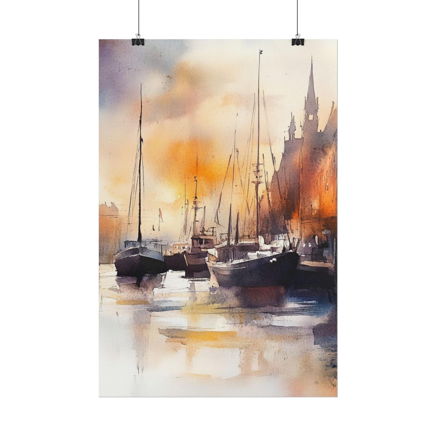 Harbour Reflections - Abstract Watercolour of Boats at Sunset