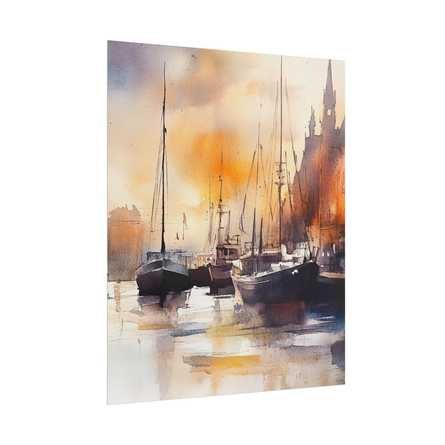 Harbour Reflections - Abstract Watercolour of Boats at Sunset