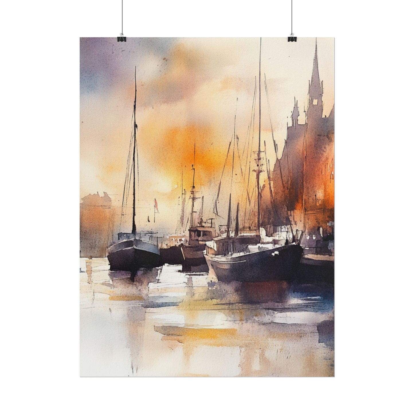 Harbour Reflections - Abstract Watercolour of Boats at Sunset