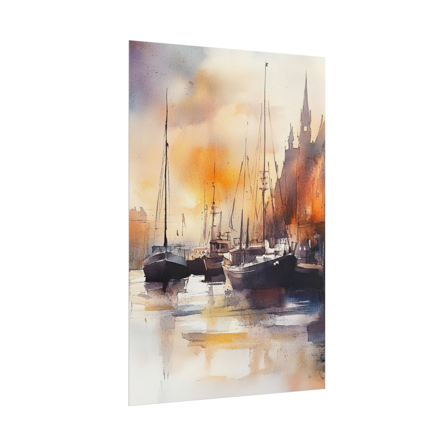 Harbour Reflections - Abstract Watercolour of Boats at Sunset