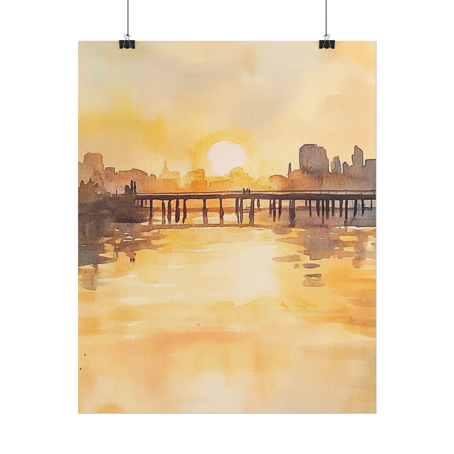 Golden Horizon - Abstract Sunset Cityscape Watercolour