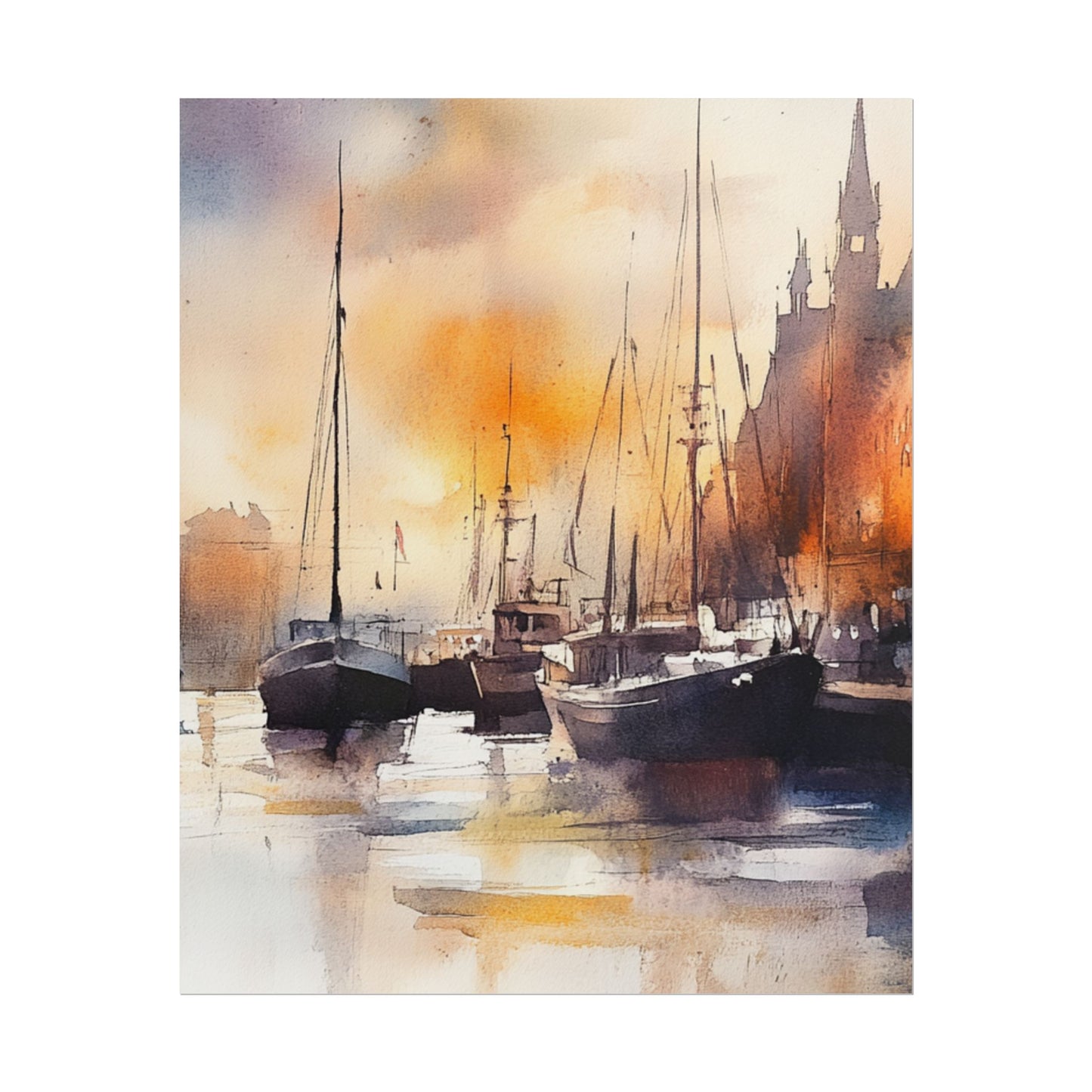 Harbour Reflections - Abstract Watercolour of Boats at Sunset