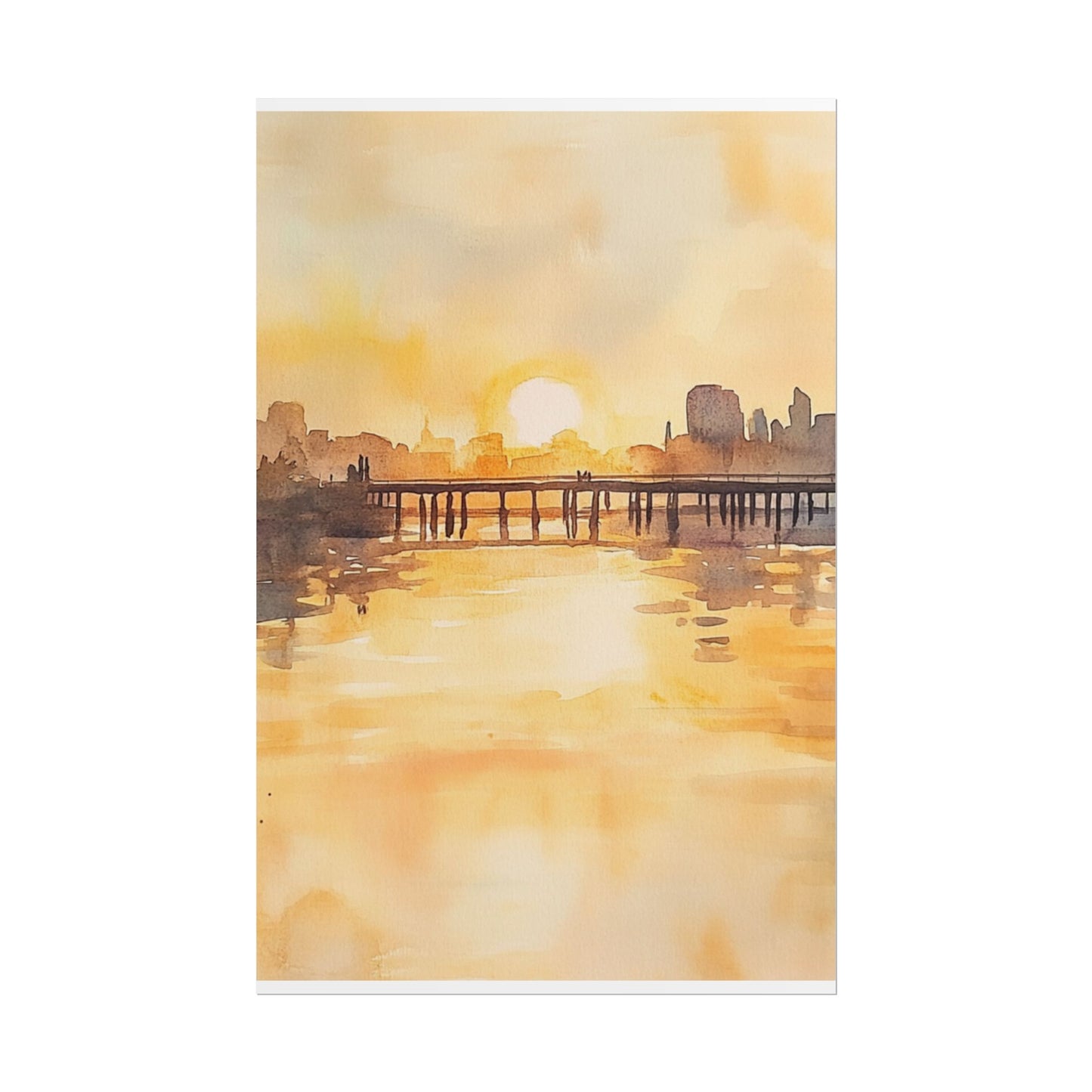 Golden Horizon - Abstract Sunset Cityscape Watercolour