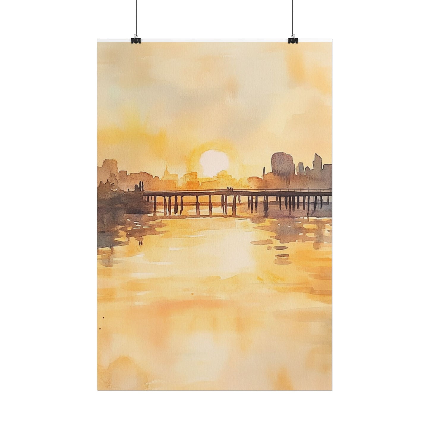 Golden Horizon - Abstract Sunset Cityscape Watercolour