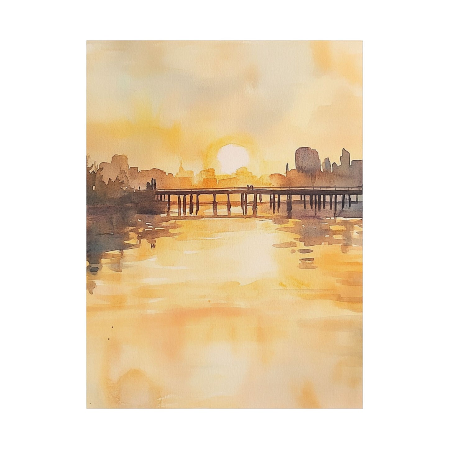 Golden Horizon - Abstract Sunset Cityscape Watercolour