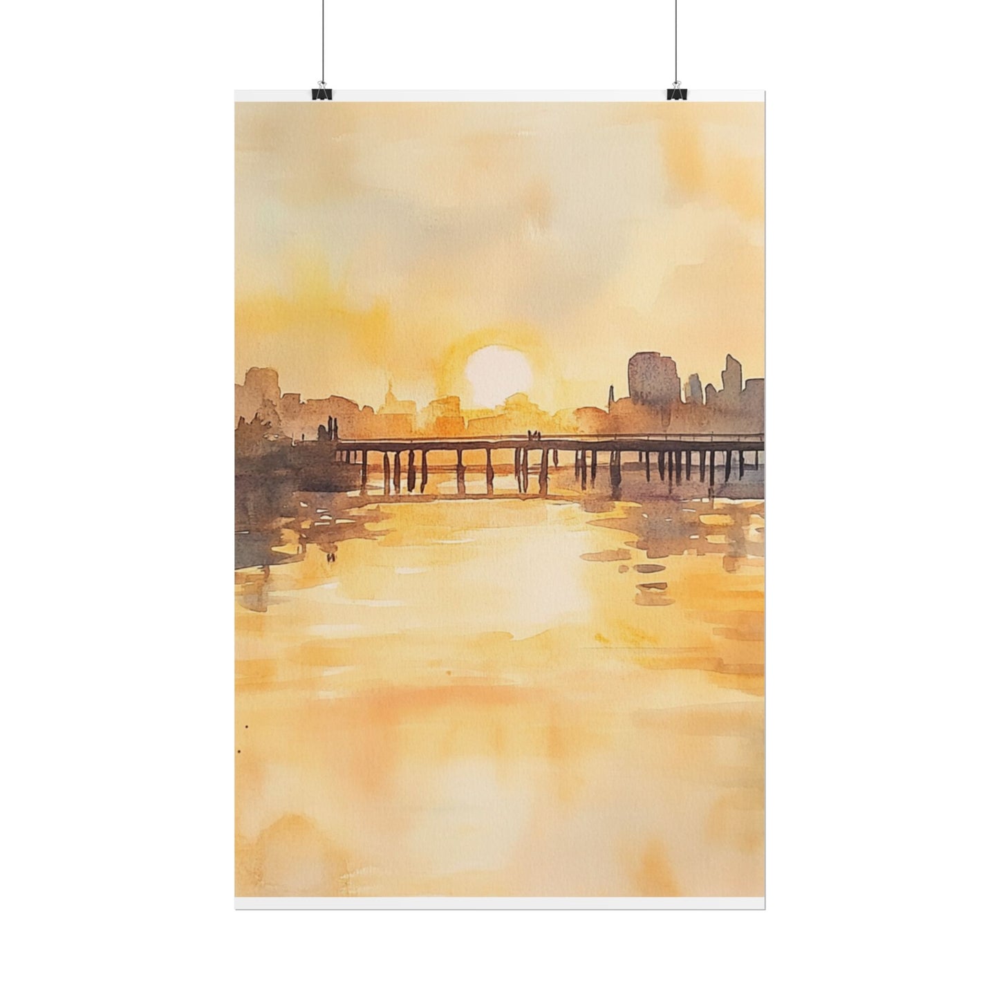 Golden Horizon - Abstract Sunset Cityscape Watercolour