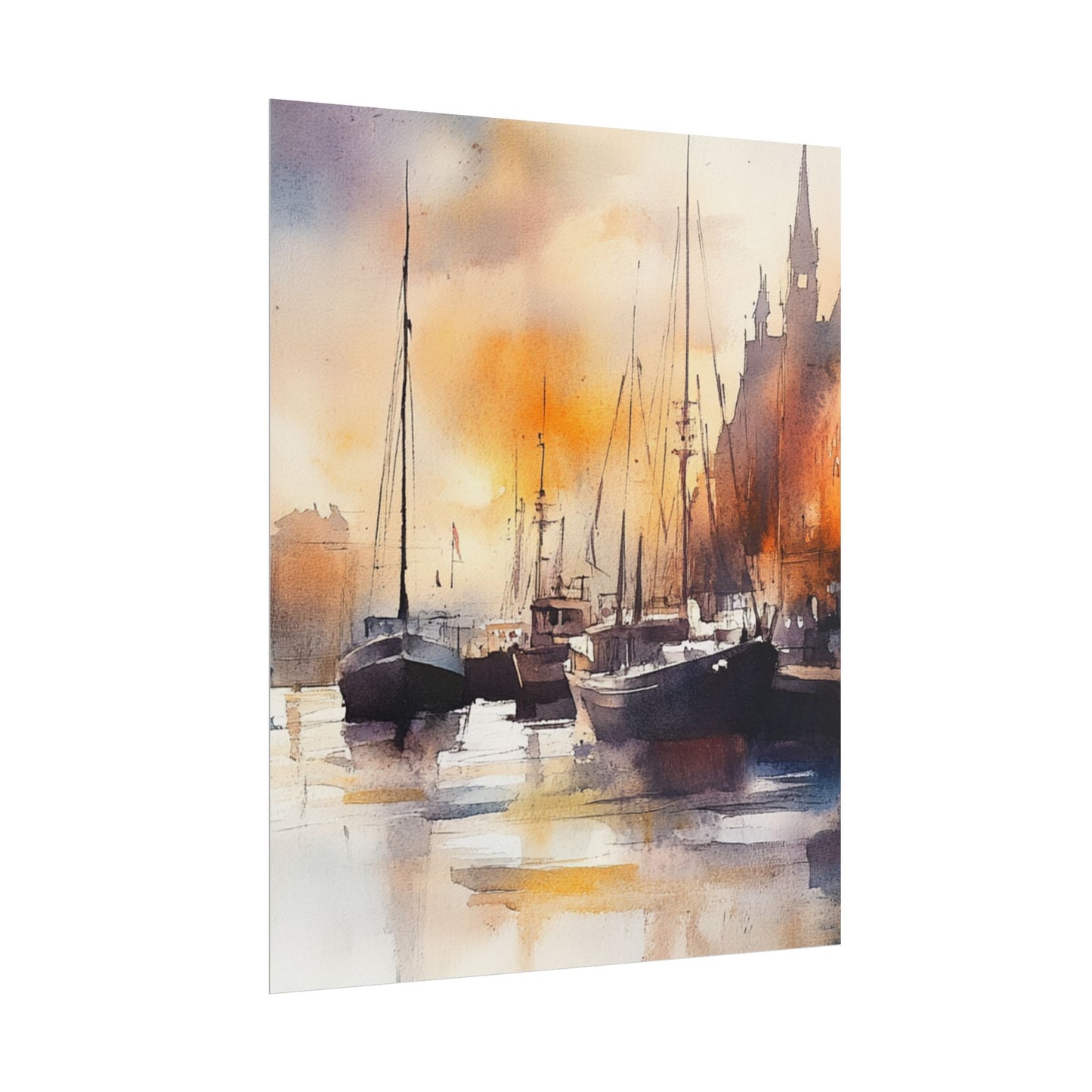 Harbour Reflections - Abstract Watercolour of Boats at Sunset