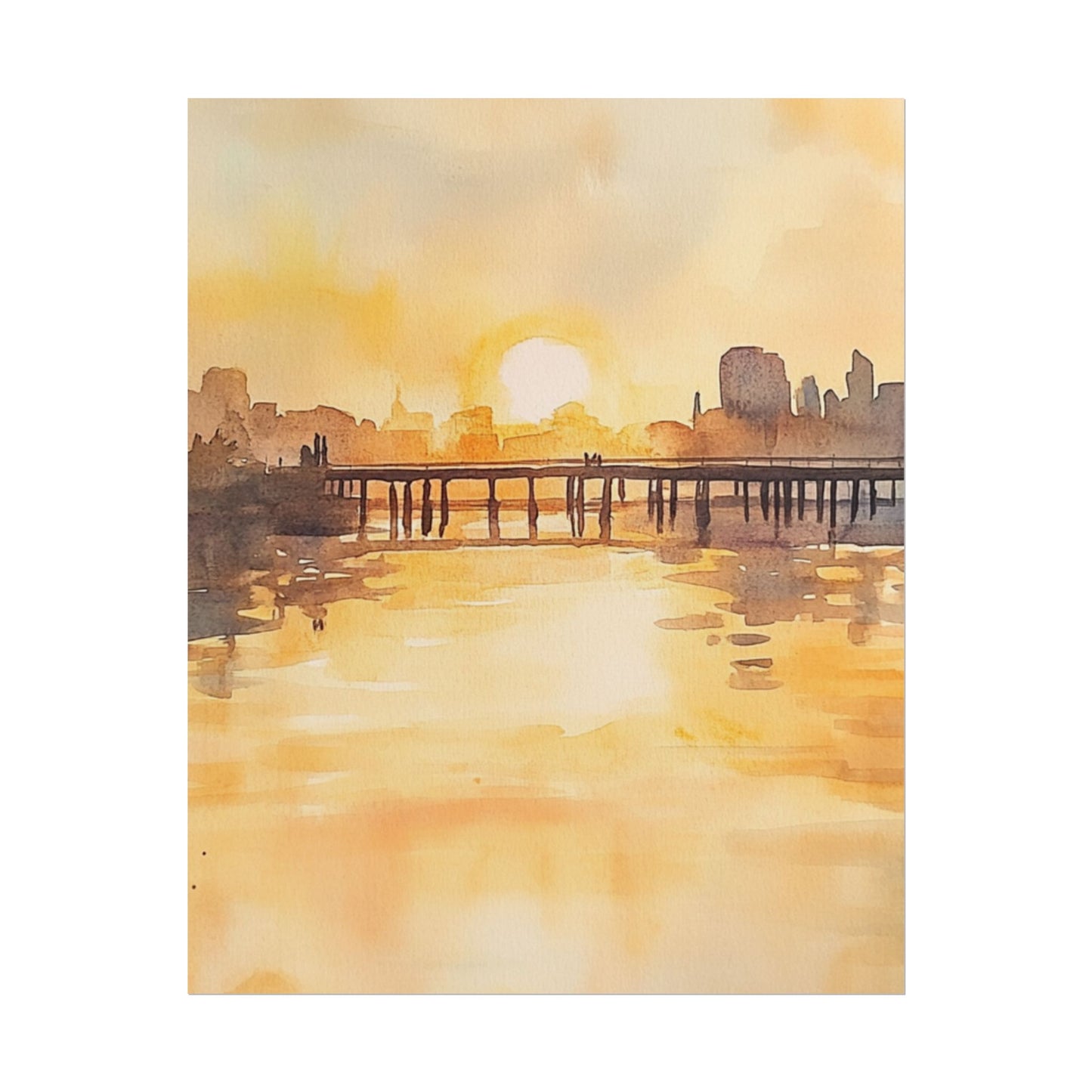 Golden Horizon - Abstract Sunset Cityscape Watercolour