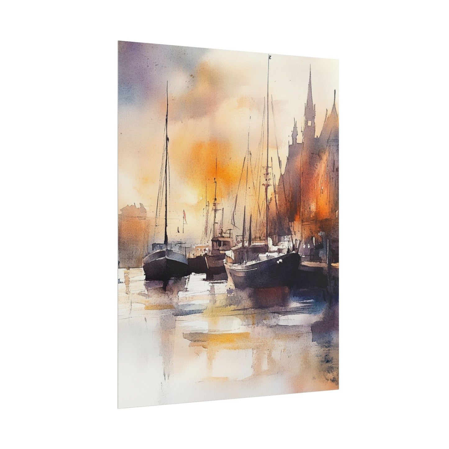 Harbour Reflections - Abstract Watercolour of Boats at Sunset