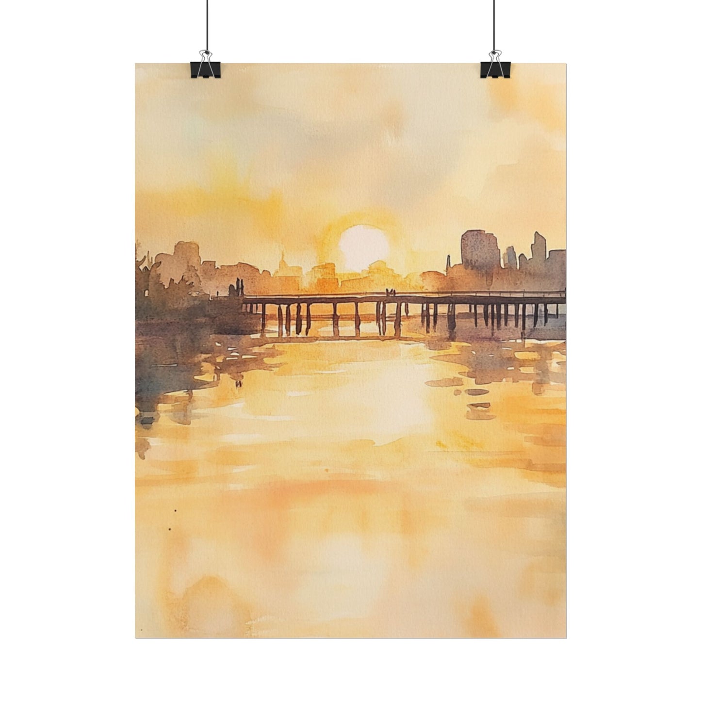 Golden Horizon - Abstract Sunset Cityscape Watercolour