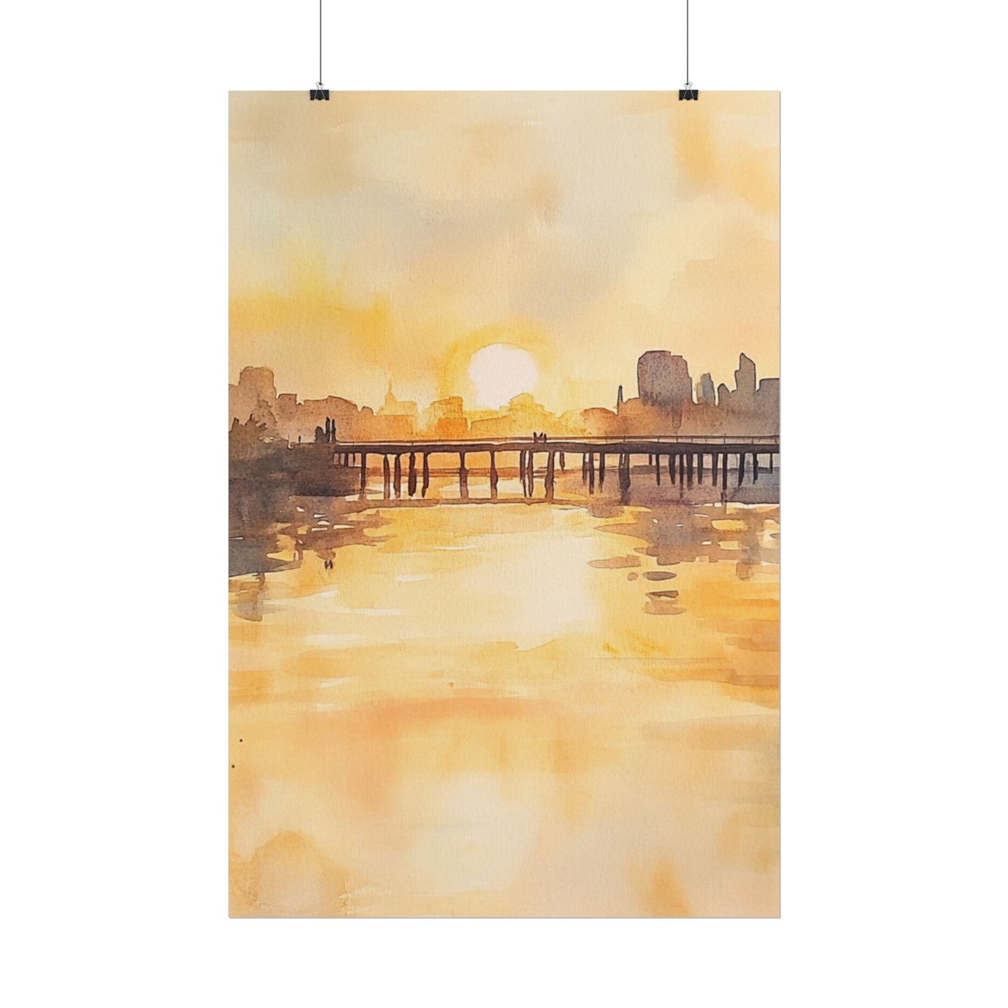 Golden Horizon - Abstract Sunset Cityscape Watercolour