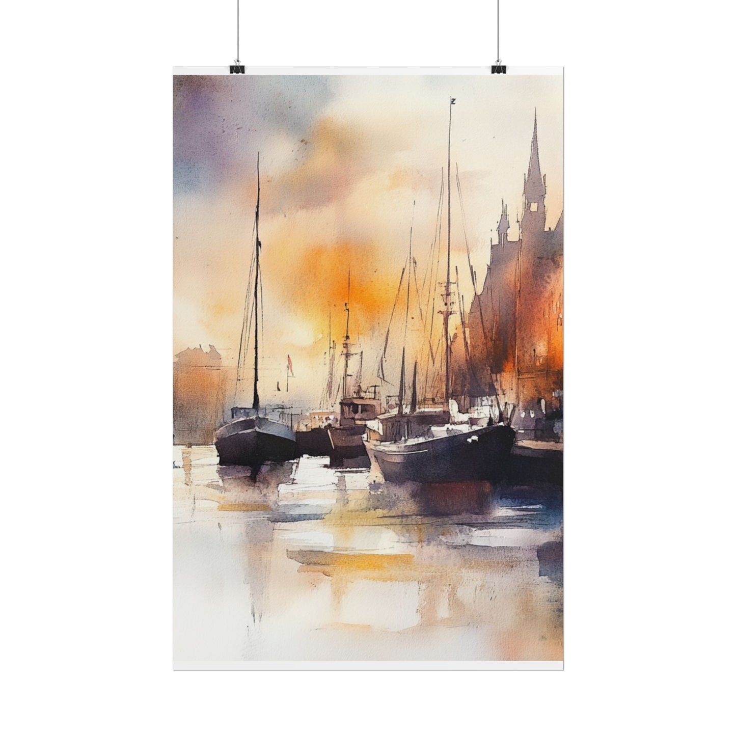 Harbour Reflections - Abstract Watercolour of Boats at Sunset