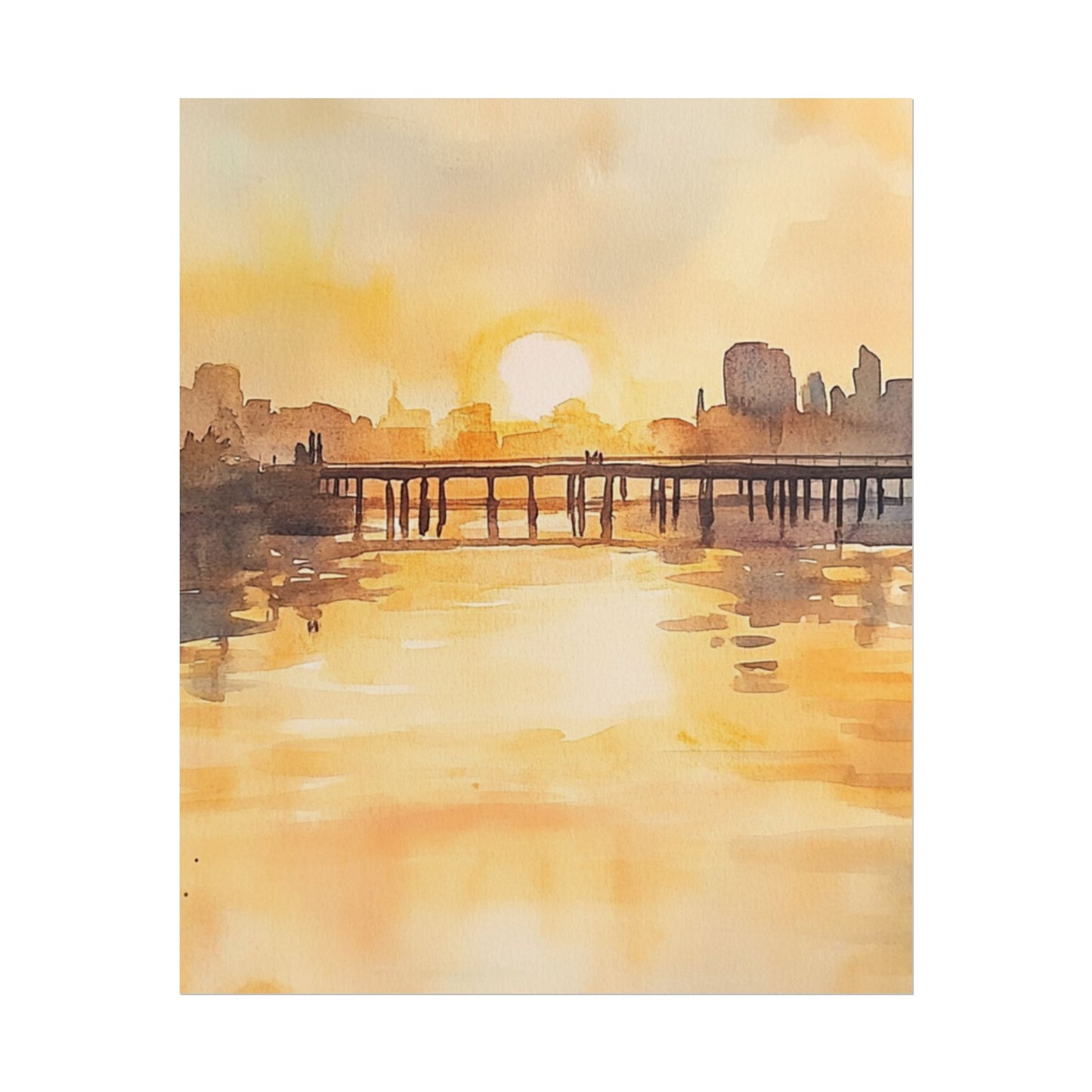 Golden Horizon - Abstract Sunset Cityscape Watercolour