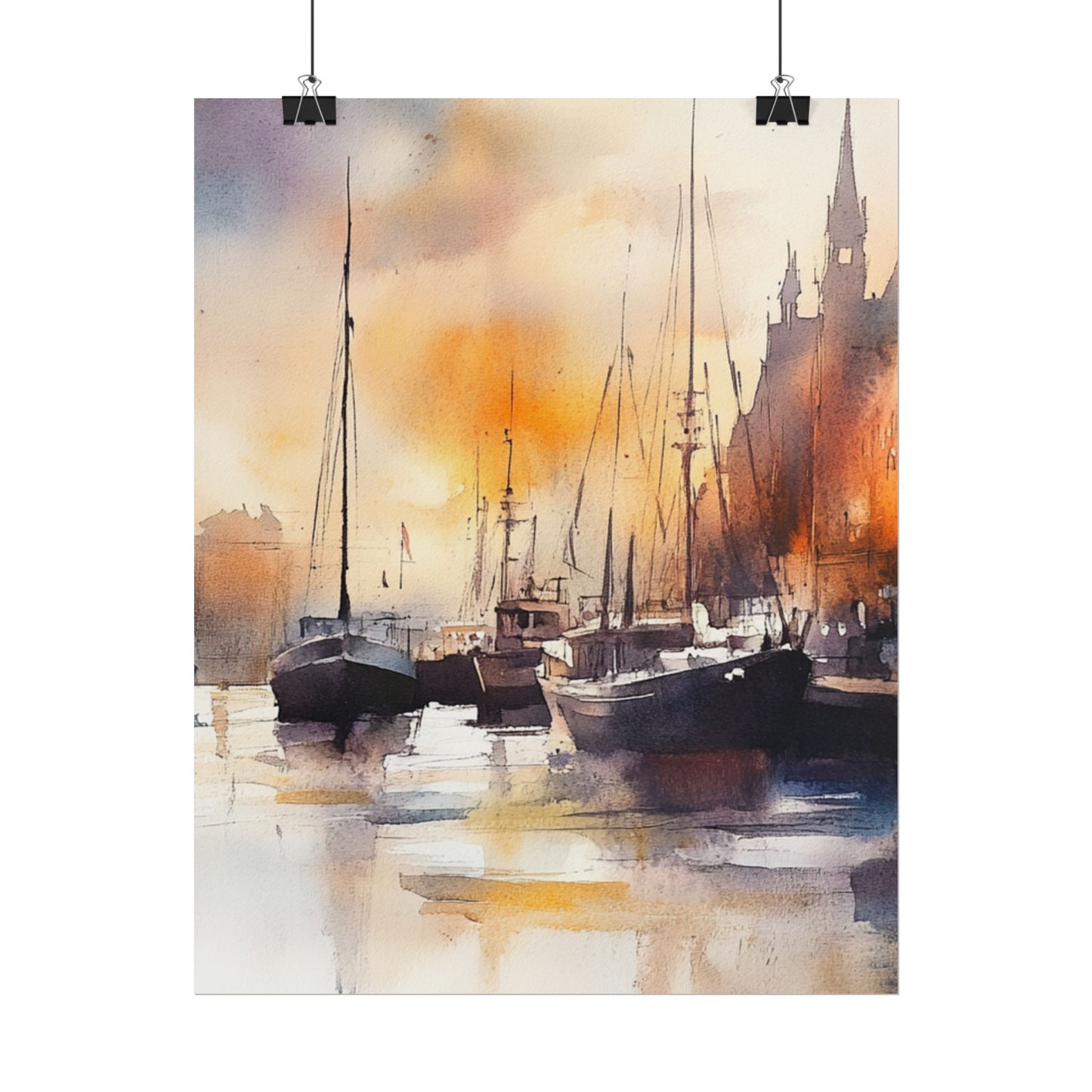 Harbour Reflections - Abstract Watercolour of Boats at Sunset