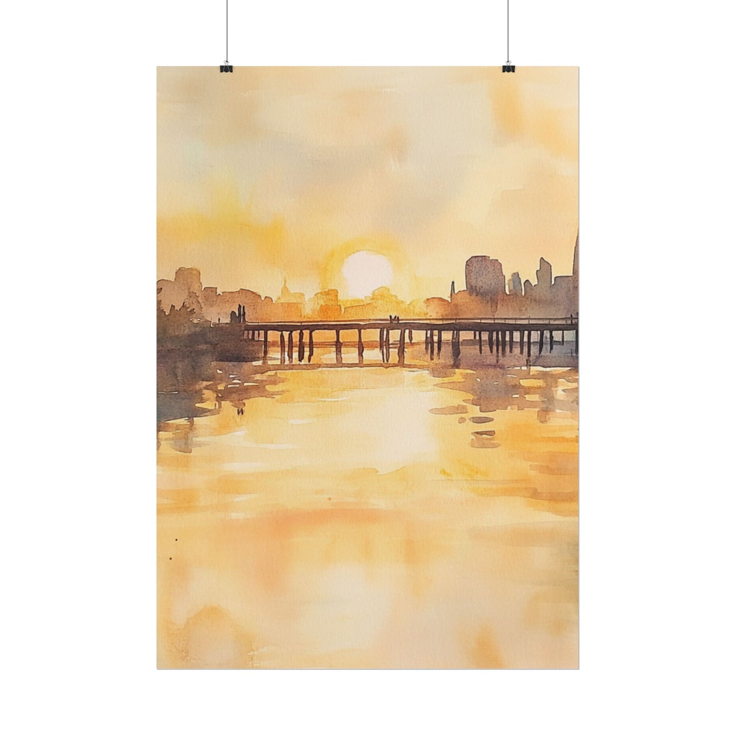 Golden Horizon - Abstract Sunset Cityscape Watercolour