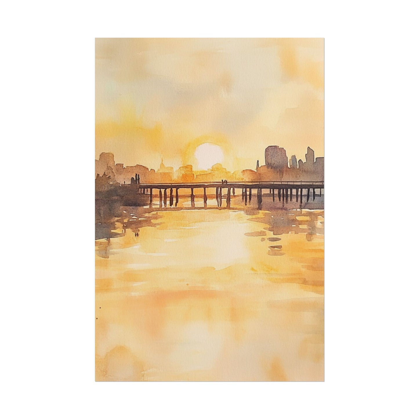 Golden Horizon - Abstract Sunset Cityscape Watercolour