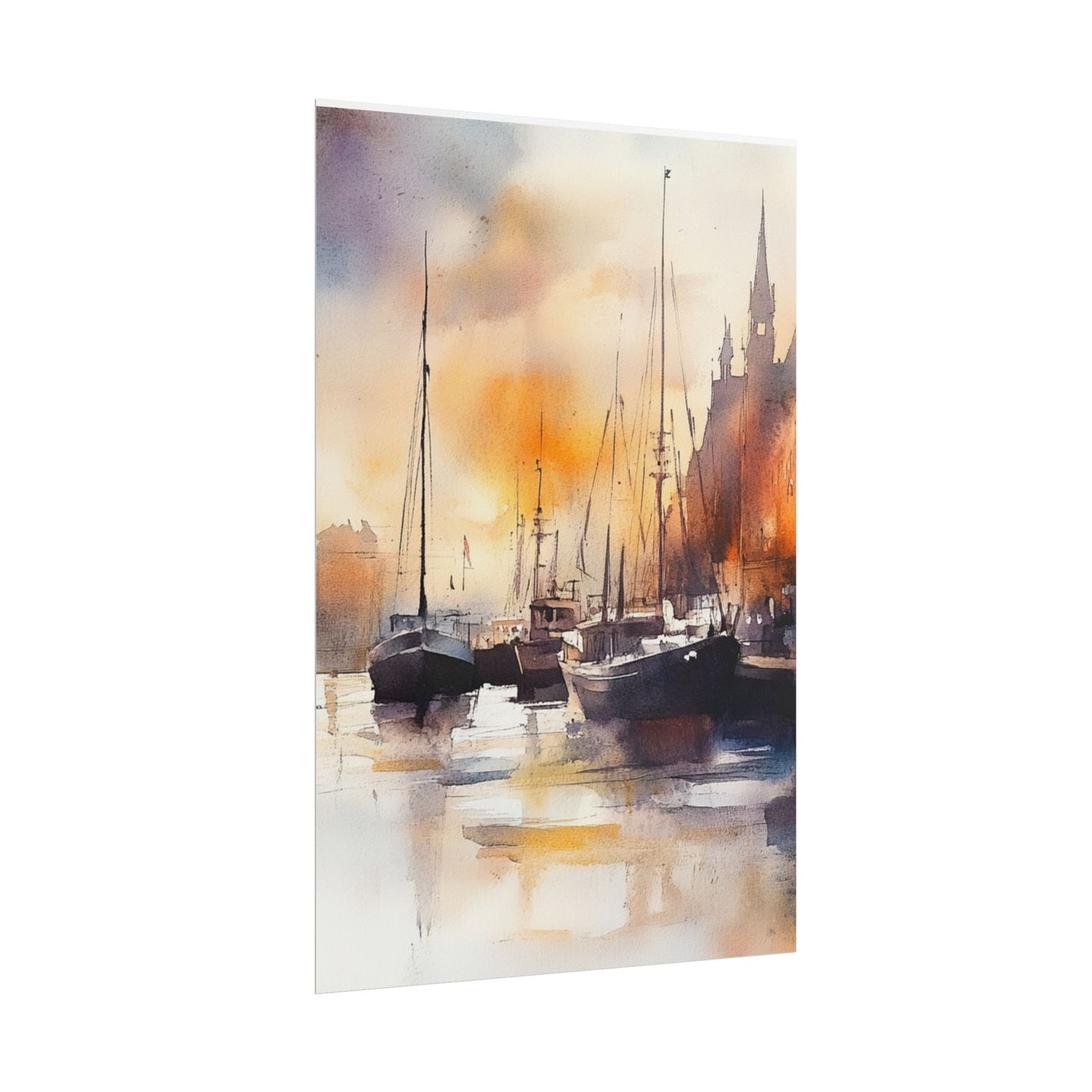 Harbour Reflections - Abstract Watercolour of Boats at Sunset