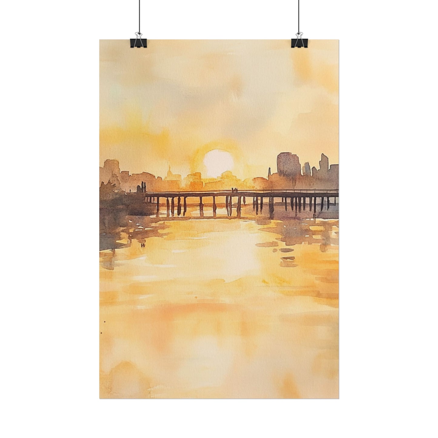 Golden Horizon - Abstract Sunset Cityscape Watercolour