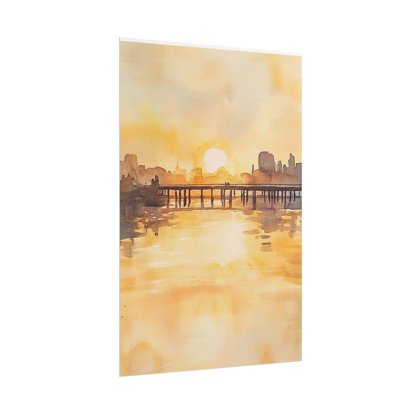 Golden Horizon - Abstract Sunset Cityscape Watercolour